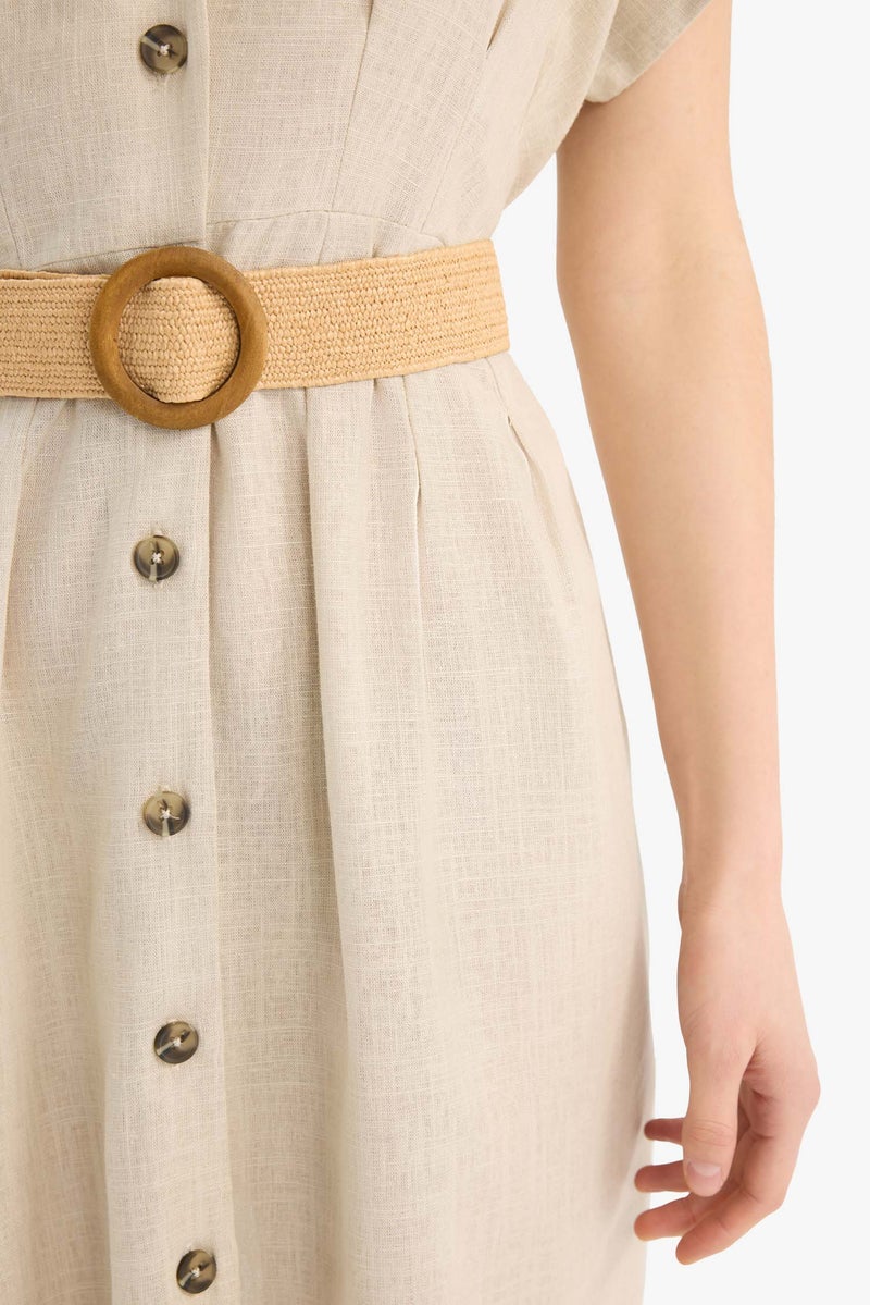 DeFacto Beige Woman Shirt Collar Belted Linen Blend Mini Dress Casual - Image 5